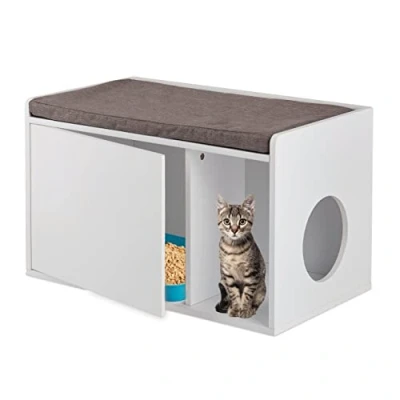 Immagine di Relaxdays Mobile Lettiera per Gatti, 2 in 1 Panca Pouf e Cuccia, Casetta Chiusa, HLP 45,5 x 75 43 cm, Bianco Grigio