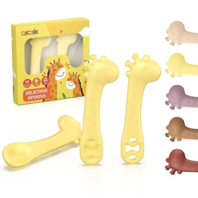 Immagine di akolik Cucchiaino Silicone Neonato，Cucchiaino Svezzamento Senza BPA, per Bambini, Giraffe Cucchiaio da Addestramento Bambini di 4 6+ mesi (Giallo Combinazione)