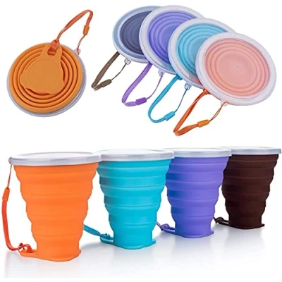 Immagine di DEHUB Tazza da caffè Portatile, Viaggio Pieghevole in Silicone, FDA e BPA Senza Coppa Leggera,270ML Tazze Bere Pieghevoli, 4 Confezioni (Arancione, Blu, Viola, caffè, 4)