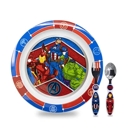 Immagine di Sorrisini Set Stoviglie Bambini Piatti per asilo, scoula Pappa Bimbo piatto, posate in acciaio inox Svezzamento Prima plastica dura riutilizzabile Hulk