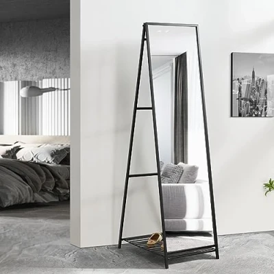 Immagine di [en.casa] Specchio da Terra a Figura Intera Rettangolare Pavimento con Ripiano Struttura Pieghevole in Metallo Nero