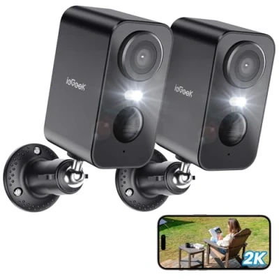 Immagine di ieGeek 2K Telecamera Wi Fi Esterno Senza Fili, Videocamera Sorveglianza Interno WiFi Batteria, Rilevamento Movimento PIR, Visione Notturna a Colori, Faro e Allarme, 2 Vie Audio, SD/Cloud, Nero Pezzi