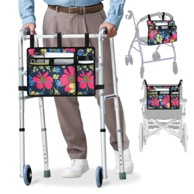 Immagine di supregear Borsa per Sedia a Rotelle con Portabicchieri, Girello Resistente All&#039;acqua Cestino Accessori Camminatore Pieghevole Sedie Rotelle, Deambulatori, Scooter (Floreale Blu)