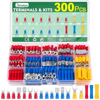 Immagine di Bolatus set di 300 capicorda 0,5 6,0 mm², assortimento connettori piatti e terminali a forcella, ad anello, compressione per auto, manicotti