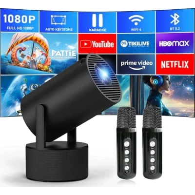Immagine di Mini Proiettore Portatile Videoproiettore con Microfoni Karaoke Compatibile Android 11 e Netflix WiFi 6, Rotazione di 180, Piccolo Home Theatre
