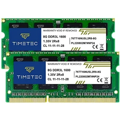 Immagine di Timetec DDR3L / DDR3 1600MHz PC3L 12800 PC3 Non ECC Unbuffered 1.35V 1.5V CL11 2Rx8 Dual Rank 204 Pin SODIMM Laptop Notebook PC Memoria RAM Aggiornamento (16GB Kit(2x8GB))