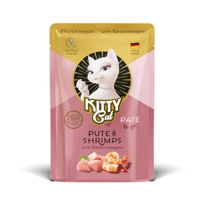 Immagine di KITTY Cat Paté Tacchino &amp; gamberetti, 6 x 85 g, cibo umido per gatti, senza cereali con taurina, olio di salmone e cozze verdi alto contenuto carne, prodotto in Germania