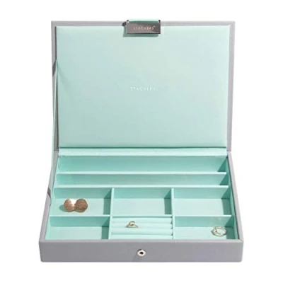 Immagine di STACKERS &#039;Classic Size&#039; Dove Grey Lidded Stacker Jewellery Box with Mint Green Lining.
