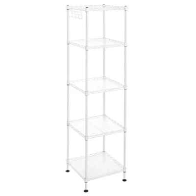 Immagine di SONGMICS Scaffale da Bagno, Portaoggetti in Metallo, Max Portata 100 kg, 5 Pannelli PP, Ganci Rimovibili, 30 x 123,5 cm, Espandibile, per Spazio Stretto, Bianco e Trasparente LGR023W01