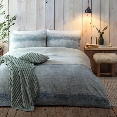 Immagine di Appletree Hygge Anson Stripe Set copripiumino in 100% cotone spazzolato, per letto matrimoniale, colore: verde