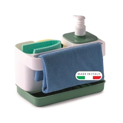 Immagine di Snips Riordinello Dispenser Sapone con Porta Spugne e Guanti, Colore Bianco Verde, 21 x 12 18 cm, 400 ml, Organizzatore Lavello Made in Italy