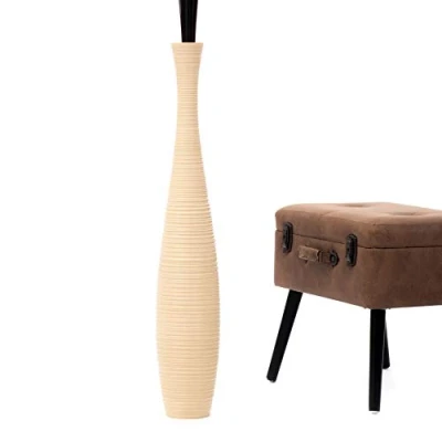 Immagine di Leewadee Grande Vaso Da Terra: Alto Stile Boho In Legno Di Mango Per Rami Pampa, 90 cm, Crema