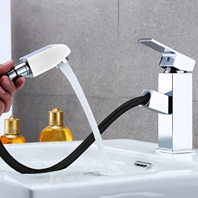 Immagine di Rubinetto bagno lavabo con doccetta estraibile acciaio inossidabile acqua calda e fredda 2 tubi inclusi miscelatore allungabile