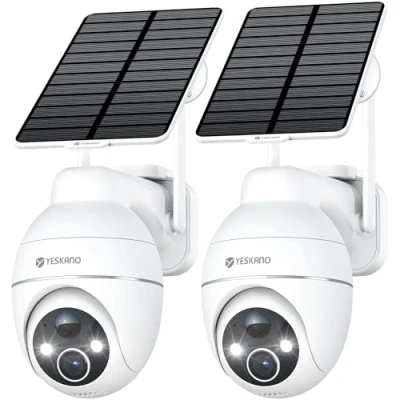 Immagine di YESKANO Telecamera Wi Fi Esterno Senza Fili con Pannello Solare, 360 PTZ Videocamera Sorveglianza A Batteria, Visione Notturna Colori, Rilevamento Umano/PIR Allarme, 2 Vie Audio, 2.4GHz 2PZ