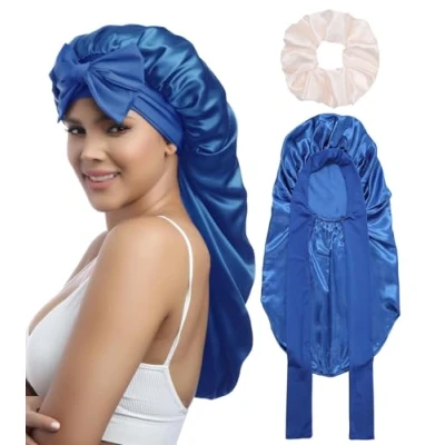 Immagine di Coubeau Cuffia da Notte Seta lunga Elastica Donna Cappello per con Nastro Elastico e Cinturino Capelli Lunghi Curvi
