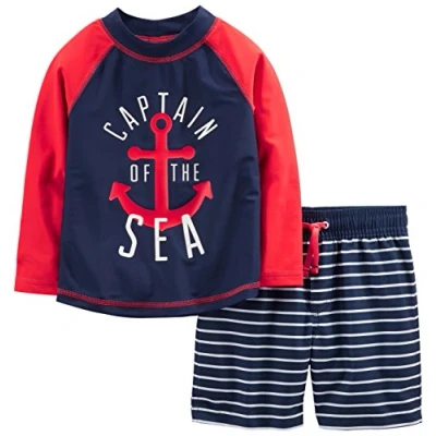 Immagine di Simple Joys by Carter&#039;s Swimsuit Trunk And Rashguard Set Protezioni per Rash, Bianco Righe/Blu Marino Rosso Ancore, 24 Mesi Bimbo