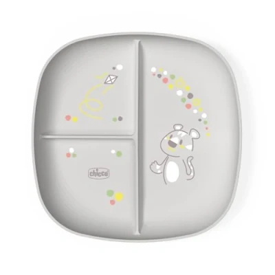 Immagine di Chicco Piatto Pappa per Bebè e Bambini, con Scomparti 3 Aree Scoprire Nuovi Sapori, Lavabile in Lavastoviglie, Adatto il Microonde, Senza BPA, 12+ Mesi, Grigio