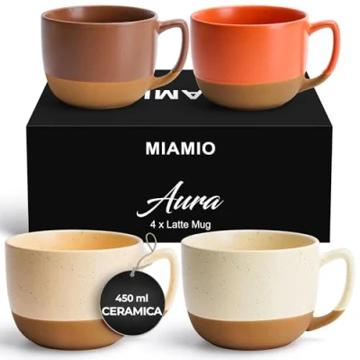 Immagine di MIAMIO 450 ml, set di 4 tazze da caffè in ceramica elegante moderne per caffè, latte, tè, cacao caldo bevande sicure lavastoviglie e microonde Collezione Aura