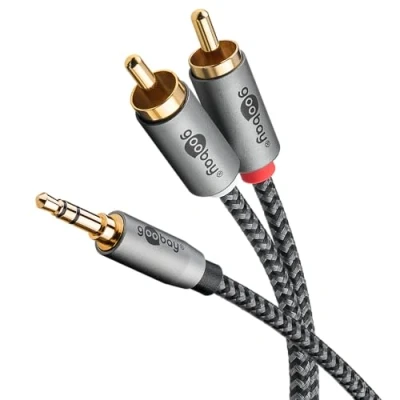 Immagine di goobay 65288 Cavo ausiliario stereo da RCA a jack 3,5 2 m/Cavo audio HiFi per smartphone, console, sistemi/Guaina in tessuto/Placcato oro
