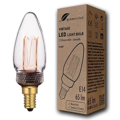 Immagine di greenandco® lampadina a LED dimmerabile di design vintage in stile retrò E14 C35 2,3W 65lm 1800K 320 230V, claro, nessun sfarfallio