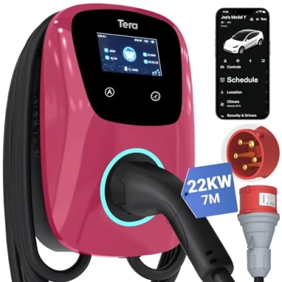 Immagine di Tera Caricatore EV Smart APP: 32 A tipo 2 22 kW o 11 casa stazione di ricarica 400 V CE &amp; TÜV Wallbox 7 m cavo con supporto caricabatterie, controllo app CEE 3 fasi spina per tutti i