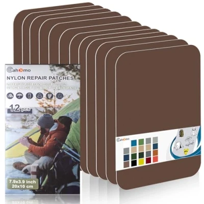 Immagine di Toppe autoadesive in Nylon, 12 Pezzi 20X10 cm Cahomo toppa adesiva per tessuti, Patch di riparazione impermeabile, piumino, tenda, sacco a pelo Marrone