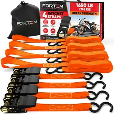 Immagine di FORTEM Cinghie a Cricchetto, Resistenza fino 748 Kg, Set da 4 di Fissaggio 4,57 m, Maniglie Morbide, per Moto, Ganci in Metallo Rivestiti, Custodia Inclusa (Arancia)