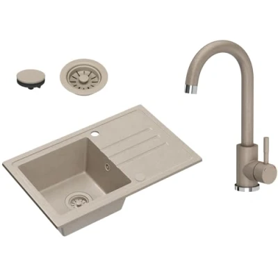 Immagine di VBChome lavello da incasso in granito beige con rubinetto, 70 x 44 cm, singolo screziato, reversibile, sifone