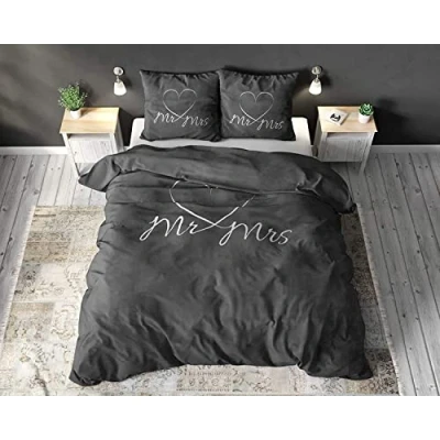 Immagine di SleepTime Biancheria da letto Partner Mr. and Mrs. 200 cm x cm, 3 pezzi, copripiumino morbido e non stirabile con cerniera, colore antracite 100% cotone, 2 federe 80