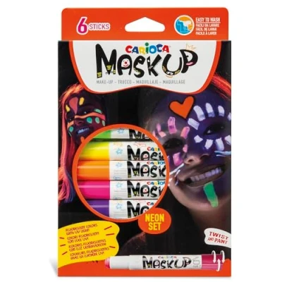 Immagine di Carioca Mask Up Neon Confezione da 6 colori. Kit Truccabimbi, Trucchi per la Pelle in Stick a Base Acqua, Assortiti e Tutorial con 2 Fantasie, Unità 1, 43156