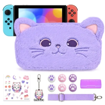 Immagine di custodia per Switch NS,bundle di accessori 11 in 1 innoAura con da trasporto Switch,custodia giochi Switch,cappucci pollici Switch,cinturino removibile(Gatto Viola)