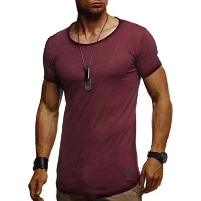 Immagine di Leif Nelson maglietta estiva da uomo, scollo a girocollo, Slim Fit, in cotone, felpa con cappuccio maniche corte LN8209 bordeaux XL
