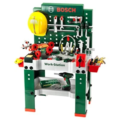 Immagine di Theo Klein 8485 Banco da lavoro n. 1 Bosch, 150 Pezzi, con Attrezzi e molti Accessori, Avvitatore a Batteria Luce Rumori, Per Bambini dai 3 Anni in su