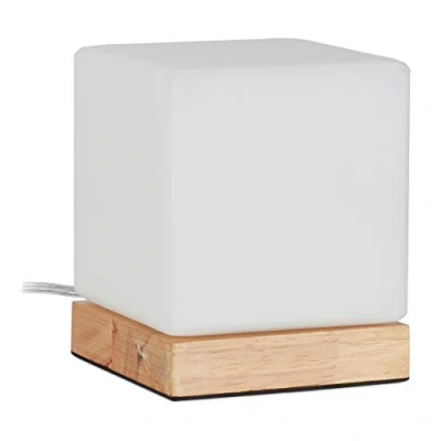 Immagine di relaxdays Lampada da Tavolo a Cubo, E14, Base in Legno e Vetro Opalino, Luce Design Scandinavo, HLP 15x12x12 cm, Bianca