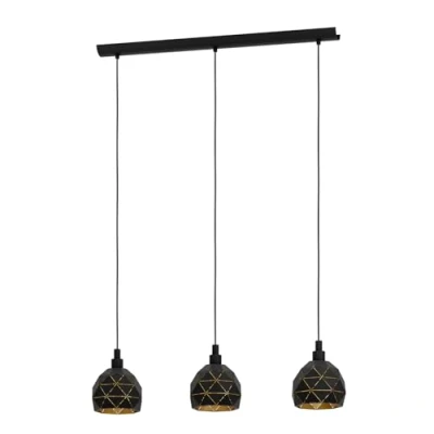 Immagine di Eglo lampada a sospensione Roccaforte, tre punti luce, in acciaio, nero, oro, E14
