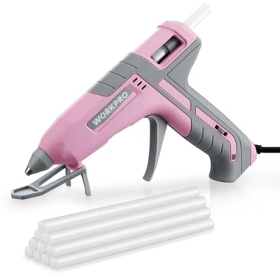 Immagine di WORKPRO Pistola per Colla a Caldo con 10 Stick, Riscaldamento Rapido 90s, Due Modalità di Temperatura, Incollaggio 9 12 g/min, Supporto 3 Punti, Ideale Fai da Te e Riparazioni, Rosa Grigio