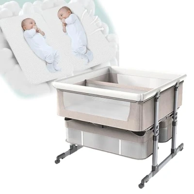 Immagine di 3 in 1 Lettino per bambini gemelli, co dormiente, con cestello portaoggetti, Portatile Bambini, Comodino Anti emesi, borse rotelle e zanzariere regolabili ( Color