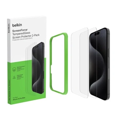 Immagine di Belkin ScreenForce TemperedGlass Proteggi schermo, vetro temprato per iPhone 15 Pro Max, sottile, trasparente, antigraffio, include supporto un&#039;applicazione senza bolle, 2 pezzi , Esclusiva Amazon