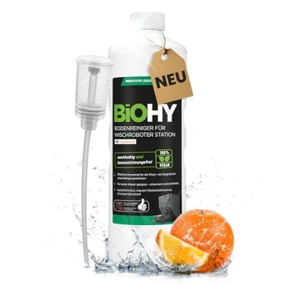 Immagine di BiOHY detergente per pavimenti robot, stazione con profumo arancione (flacone da 1 litro) + dosatore, concentrato tutti i robot pulitore e aspirapolvere funzione bagnata,