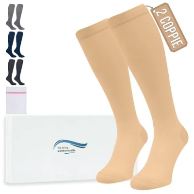 Immagine di 360 Relief Calze Compressione Graduata Donna e Uomo 2 Coppie Solido Colore Gambaletti per Sports, Running, Viaggio, Ciclismo, Lavoro S/M Beige con Borsa Lavanderia