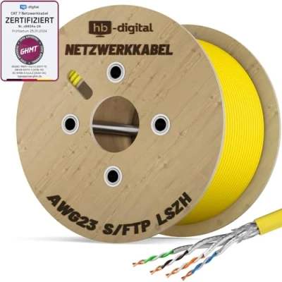 Immagine di hb digital 500m CAT.7 Cavo di rete installazione LAN AWG23 Rame puro S/FTP PiMF LSZH Senza alogeni conforme a RoHS Ethernet dati PoE 10Gbit/s Certificato GHMT Giallo