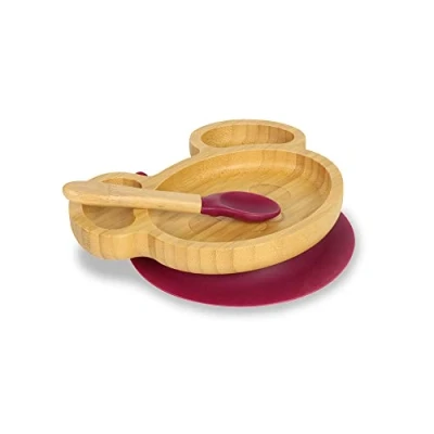 Immagine di BIOZOYG Set con Piatto di bambù Topo I base a ventosa e cucchiaio certificato FSC ciotola in legno per bambini da merenda Stoviglie rosse