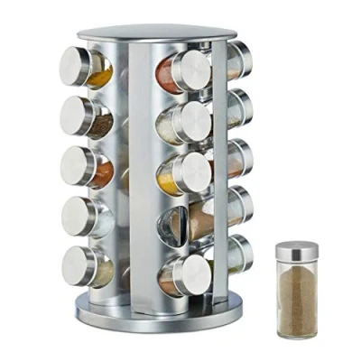 Immagine di relaxdays Portaspezie con 20 Barattoli, Girevole a 360, Tappi Spargispezie, H: 34,5 cm, Acciaio Inox, Argento