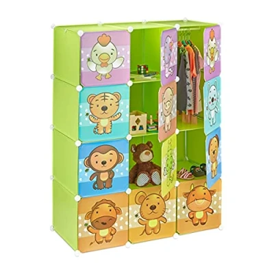 Immagine di Relaxdays Scaffale Componibile per la Cameretta dei Bambini, Immagini Graziose di Animali, Ante e Bastone Appendiabiti, Verde
