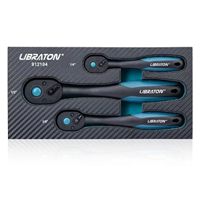 Immagine di Libraton cricchetto reversibile, Set di 3 chiave a 1/4&quot;, 3/8&quot;, 1/2&quot;, impugnatura sgancio rapido 72 denti, con organizer in EVA