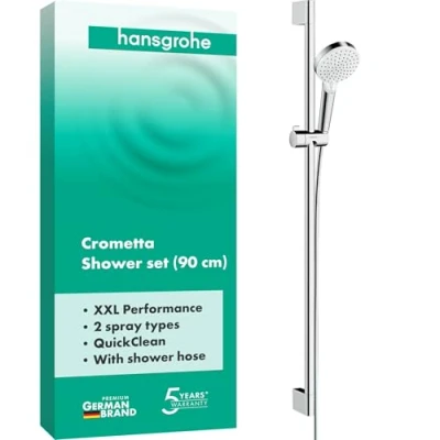 Immagine di hansgrohe Crometta Set Doccia, Doccetta con Asta Doccia 90Cm, Supporto e Flessibile 1,60M, Soffione 2 Tipi di Getto, Bianco/Cromo