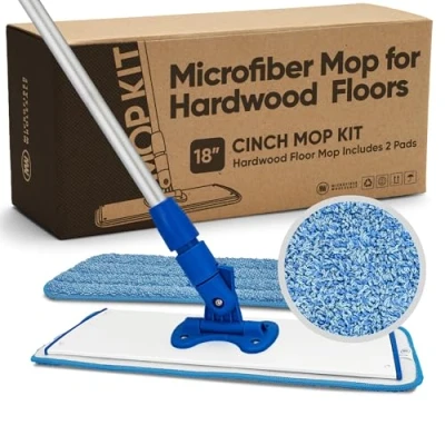 Immagine di Cinch Mop Mocio in microfibra per pavimenti legno duro, sistema di pulizia piatto legno, piastrelle, laminato, vinile, 2 ricariche cuscinetti bagnati, testine riutilizzabili