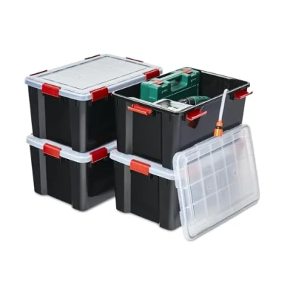 Immagine di Iris Ohyama, Scatole Portaoggetti Ermetiche in Plastica, 50L, Set di 4, Nero, Coperchio Impermeabile, con Chiusura, Impilabile, Per Esterni, Garage, Vestiti, Antipolvere, Senza BPA, AT L
