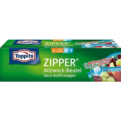 Immagine di Toppits Zipper sacchetto multiuso pellicola speciale antistrappo, riutilizzabile, trasparente, capacità 1 litro, x 12 pezzi