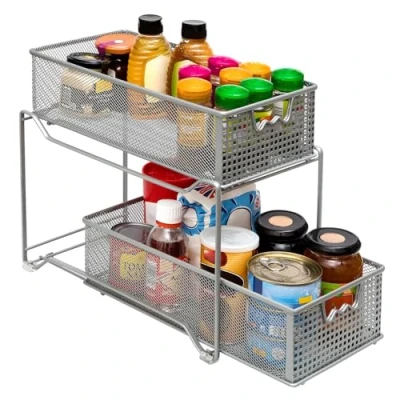 Immagine di Amtido, cestino scorrevole a 2 ripiani, organizer per armadietti da cucina, bagno, cassetti estraibili sotto il lavello, colore argento